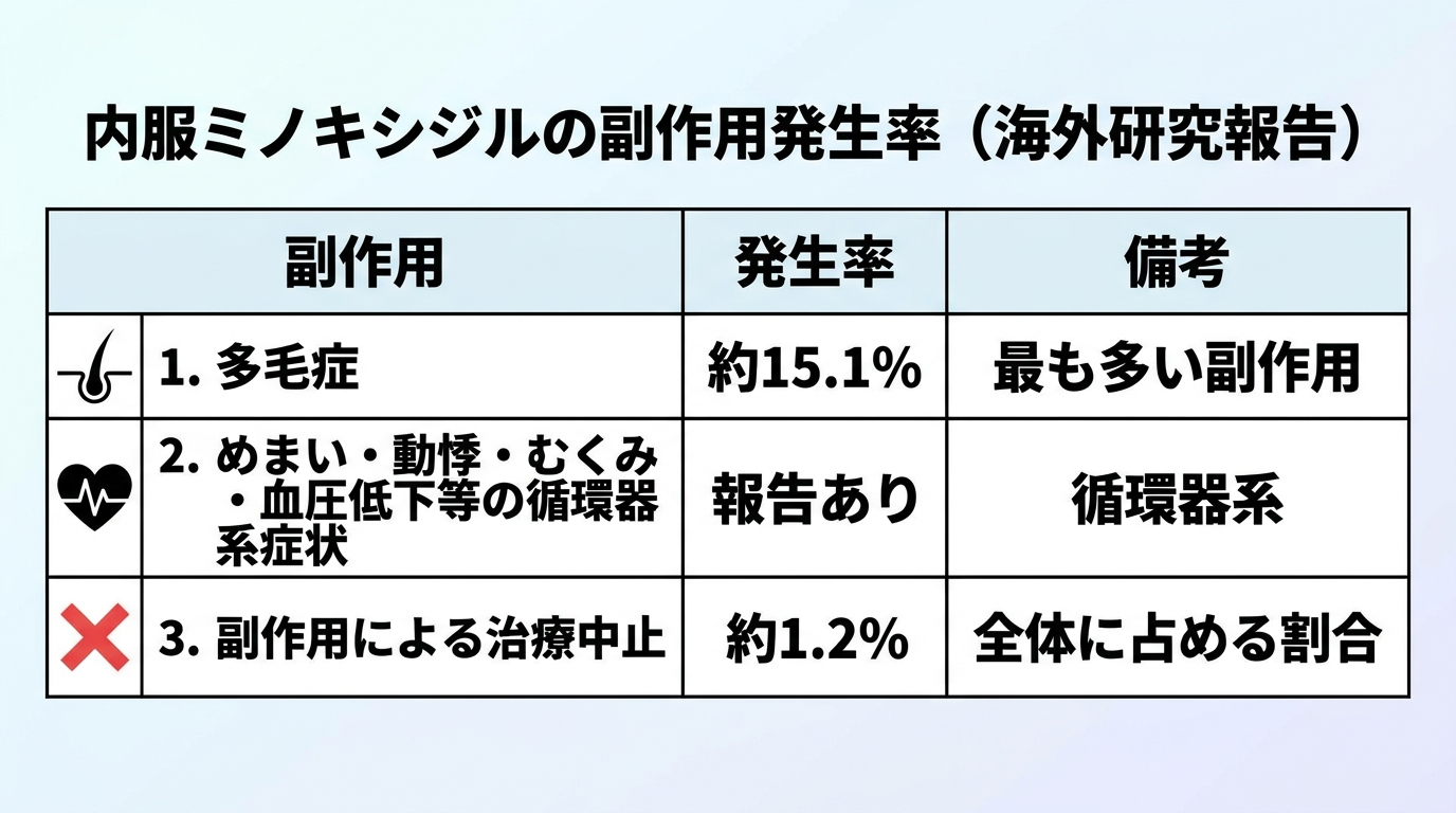 タイトル: 内服ミノキシジルの副作用発生率(海外研究報告)。3列表: 副作用 | 発生率 | 備考。行1: 多毛症 | 約15.1% | 最も多い副作用。行2: めまい・動悸・むくみ・血圧低下等の循環器系症状 | 報告あり | 循環器系。行3: 副作用による治療中止 | 約1.2% | 全体に占める割合。