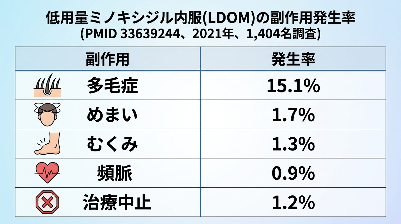 タイトル: 低用量ミノキシジル内服(LDOM)の副作用発生率(PMID 33639244、2021年、1,404名調査)。表: 副作用 | 発生率。多毛症 | 15.1%。めまい | 1.7%。むくみ | 1.3%。頻脈 | 0.9%。治療中止 | 1.2%。