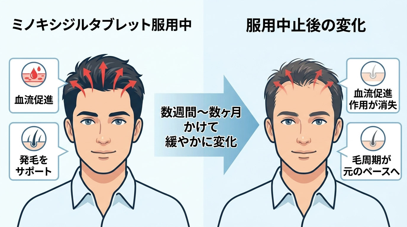 ミノキシジルタブレット(内服薬)をやめた場合の変化を示す対比イラスト。左側: 服用中の男性のイラストと「血流促進→発毛をサポート」の矢印。右側: 服用中止後の男性のイラストと「血流促進作用が消失→毛周期が元のペースへ」の矢印。中央に「数週間〜数ヶ月かけて緩やかに変化」の注記。