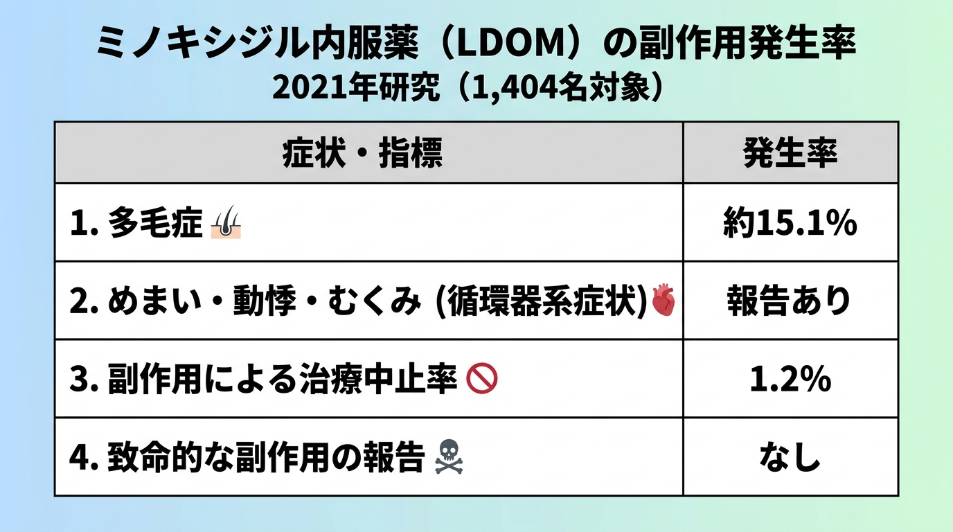 ミノキシジル内服薬(LDOM)の副作用発生率を示す図(1,404名対象・2021年研究)。4行2列の表: ヘッダー行: 症状・指標 | 発生率。行1: 多毛症 | 約15.1%。行2: めまい・動悸・むくみ(循環器系症状) | 報告あり。行3: 副作用による治療中止率 | 1.2%。行4: 致命的な副作用の報告 | なし。