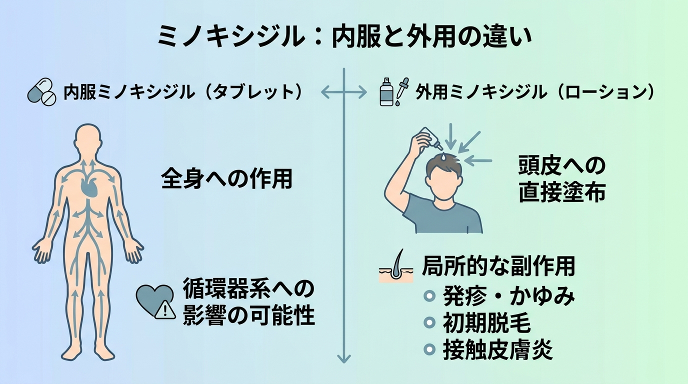 内服ミノキシジルと外用ミノキシジルの違いを示す対比図。左: 内服(タブレット)、全身に作用、循環器系への影響の可能性あり。右: 外用(ローション)、頭皮に直接塗布、局所的な副作用(発疹・かゆみ・初期脱毛・接触皮膚炎)が中心。