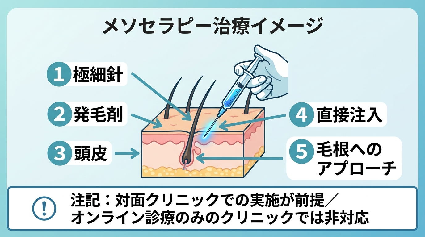 メソセラピー治療のイメージ図。頭皮に極細針で発毛剤を直接注入する様子を示すイラスト。下部に注記「対面クリニックでの実施が前提/オンライン診療のみのクリニックでは非対応」。