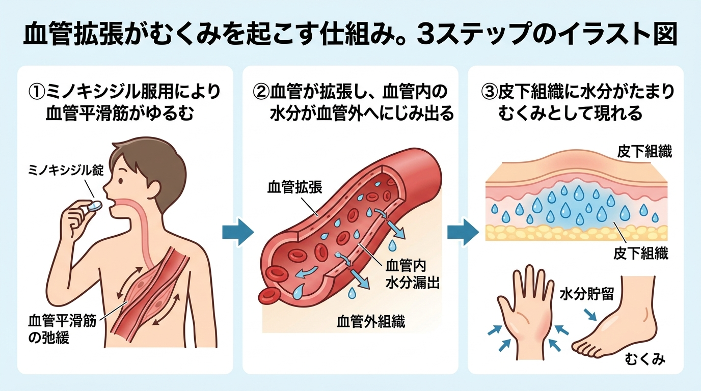 タイトル: 血管拡張がむくみを起こす仕組み。3ステップのイラスト図。ステップ1: ミノキシジル服用により血管平滑筋がゆるむ。ステップ2: 血管が拡張し、血管内の水分が血管外へにじみ出る。ステップ3: 皮下組織に水分がたまりむくみとして現れる。