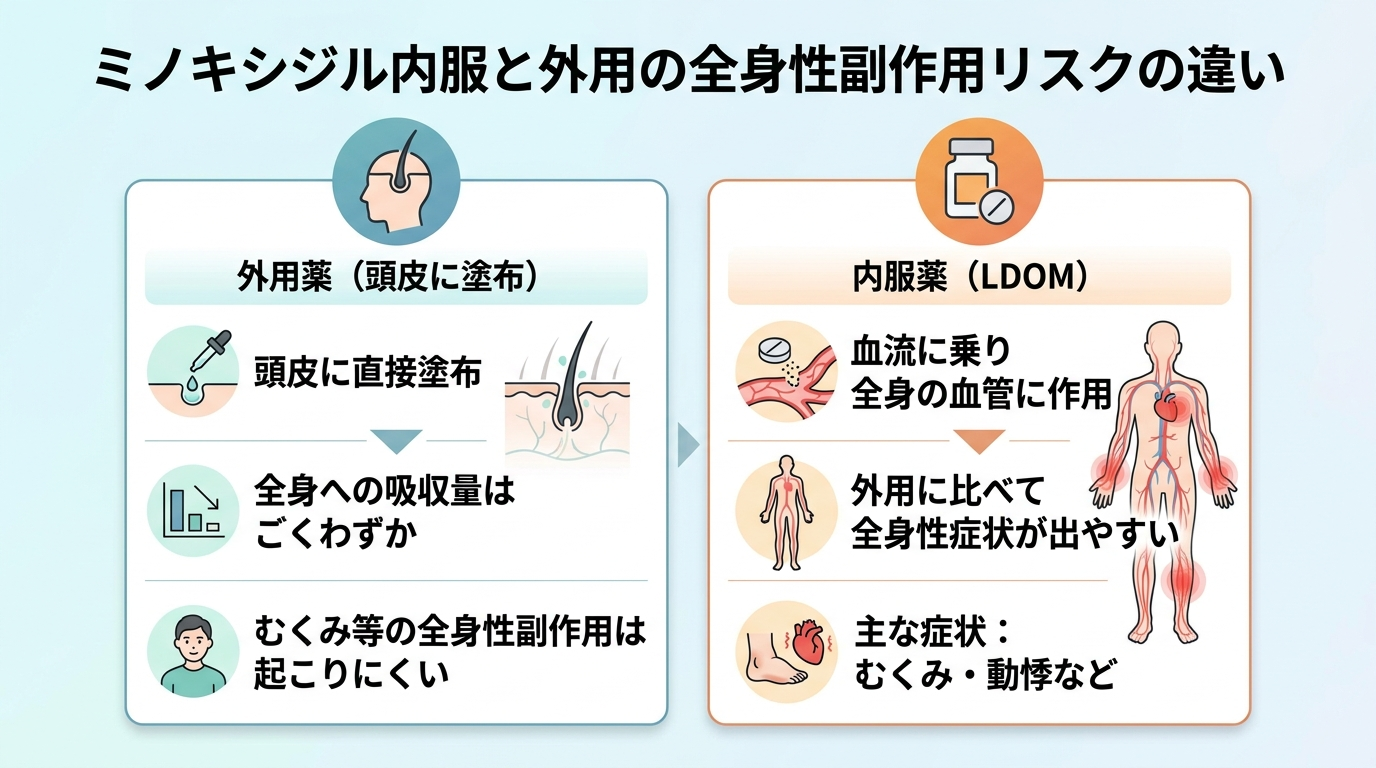 タイトル: ミノキシジル内服と外用の全身性副作用リスクの違い。横並び2カード。カード1(頭皮のアイコン)外用薬: 頭皮に直接塗布、全身への吸収量はごくわずか、むくみ等の全身性副作用は起こりにくい。カード2(錠剤のアイコン)内服薬(LDOM): 血流に乗り全身の血管に作用、外用に比べてむくみ・動悸などの全身性症状が出やすい。