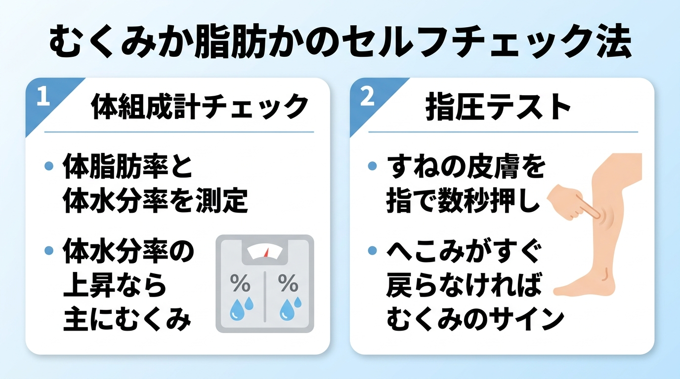 タイトル: むくみか脂肪かのセルフチェック法。横並び2カード。カード1(体組成計のアイコン)体組成計チェック: 体脂肪率と体水分率を測定し、体水分率の上昇なら主にむくみ。カード2(指のアイコン)指圧テスト: すねの皮膚を指で数秒押し、へこみがすぐ戻らなければむくみのサイン。