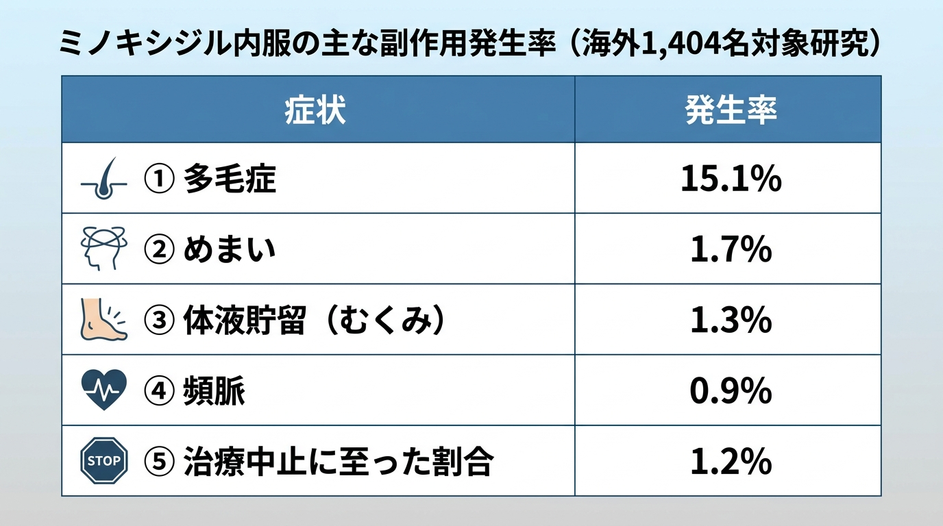 タイトル: ミノキシジル内服の主な副作用発生率(海外1,404名対象研究)。表形式、2列: 症状 | 発生率。行1: 多毛症 | 15.1%。行2: めまい | 1.7%。行3: 体液貯留(むくみ) | 1.3%。行4: 頻脈 | 0.9%。行5: 治療中止に至った割合 | 1.2%。