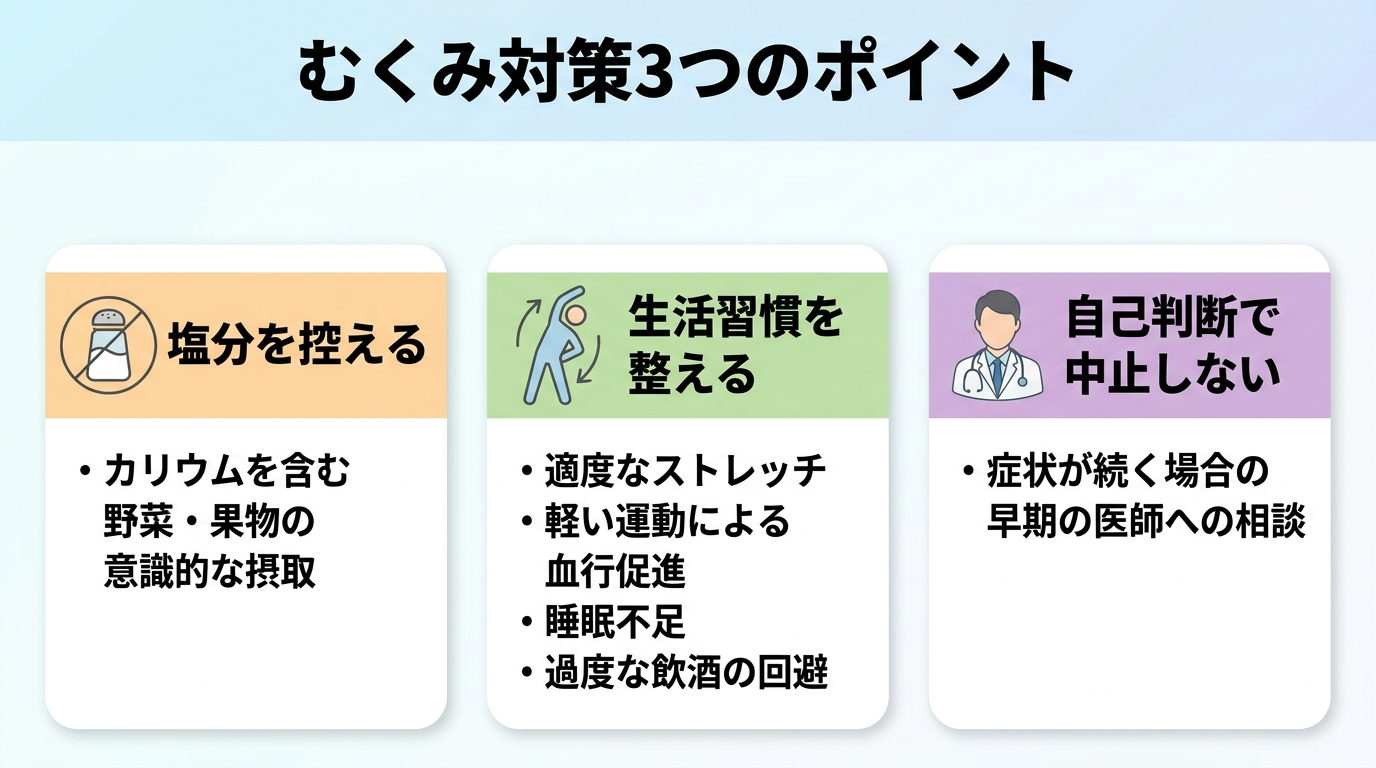 タイトル: むくみ対策3つのポイント。横並び3カード。カード1(塩のアイコン)塩分を控える: カリウムを含む野菜・果物を意識的に摂る。カード2(ストレッチのアイコン)生活習慣を整える: 適度なストレッチ・軽い運動で血行促進、睡眠不足や過度な飲酒を避ける。カード3(医師のアイコン)自己判断で中止しない: 症状が続く場合は早めに医師へ相談。
