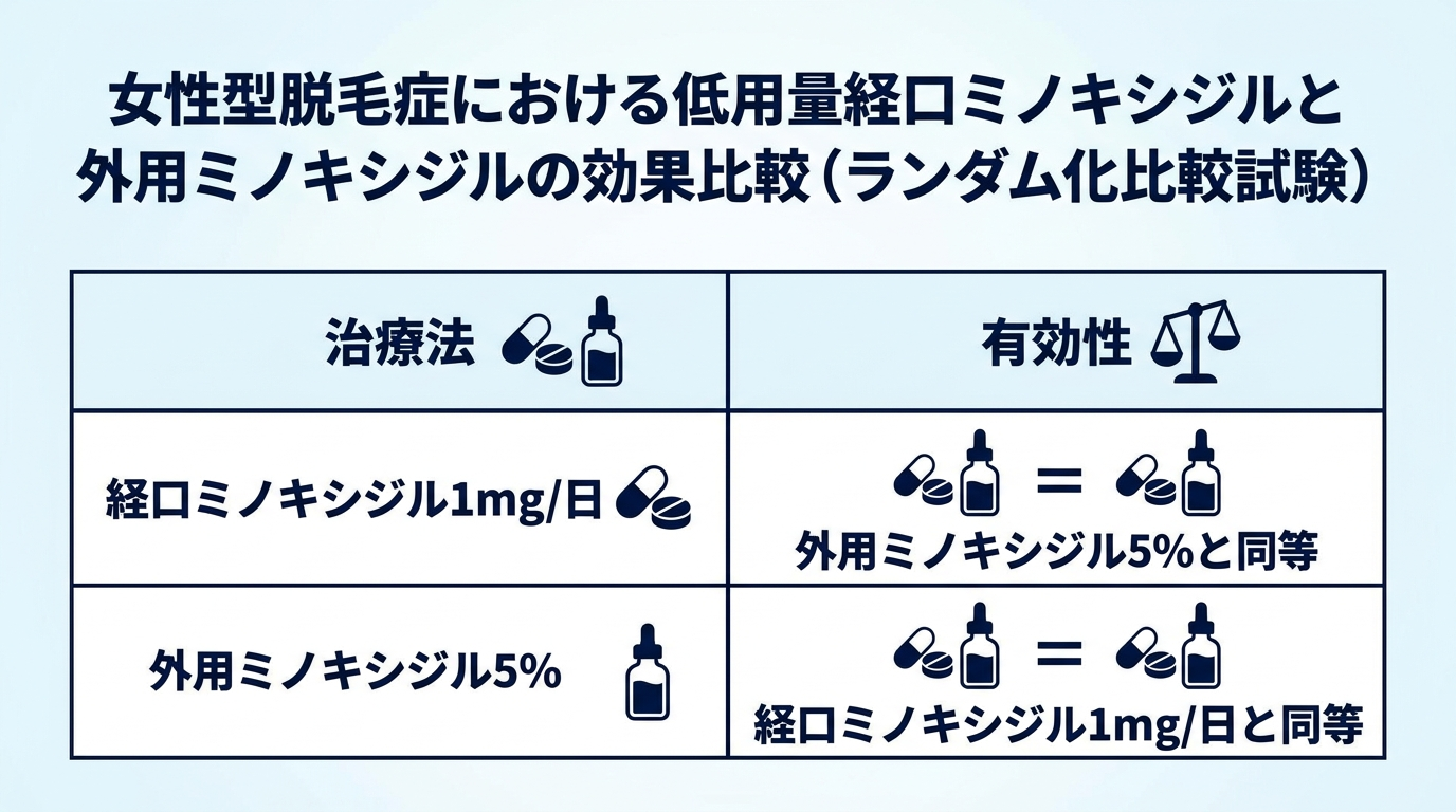 タイトル: 女性型脱毛症における低用量経口ミノキシジルと外用ミノキシジルの効果比較(ランダム化比較試験)。表形式、2列: 治療法 | 有効性。行1: 経口ミノキシジル1mg/日 | 外用ミノキシジル5%と同等。行2: 外用ミノキシジル5% | 経口ミノキシジル1mg/日と同等。