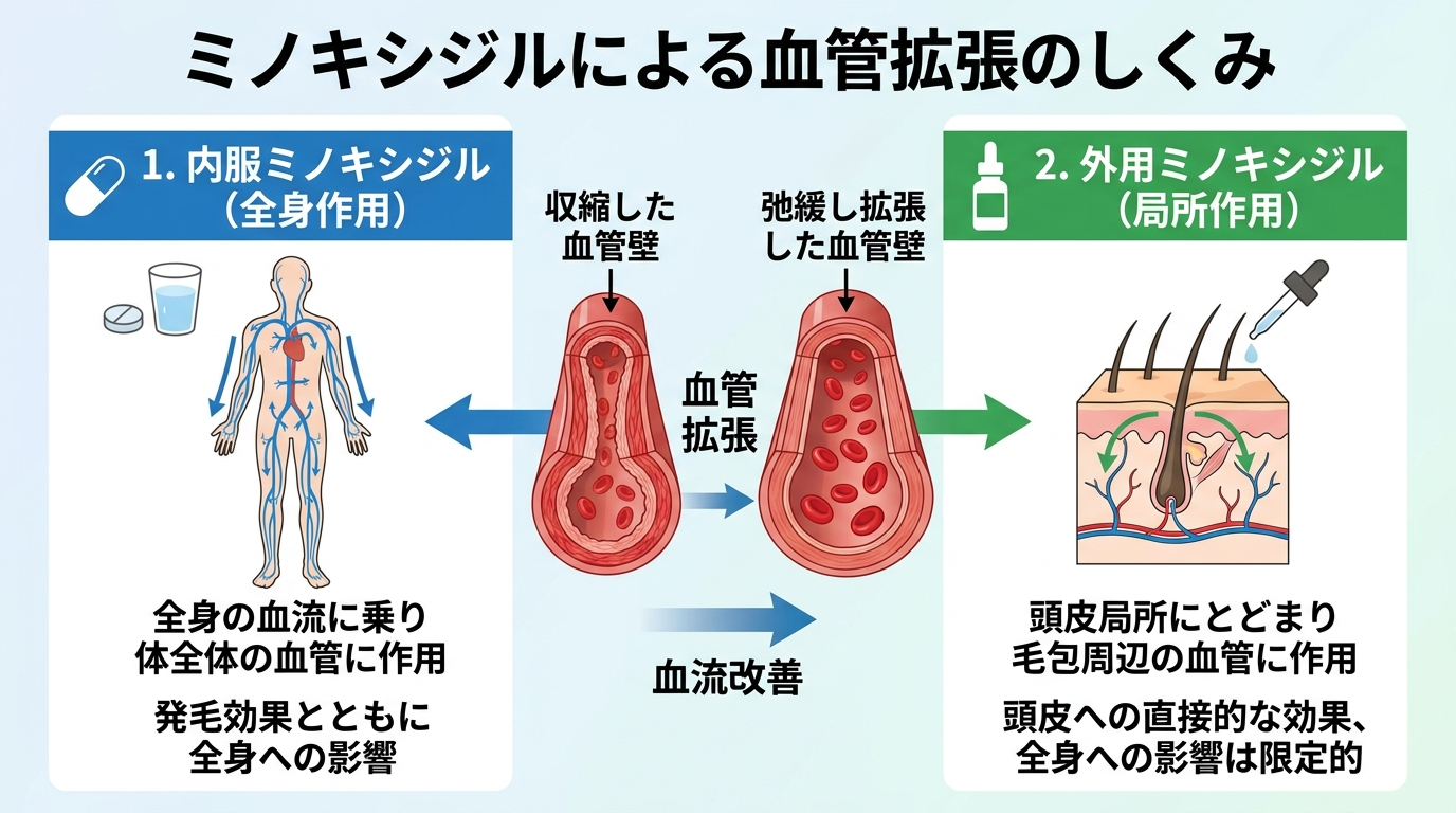 タイトル: ミノキシジルによる血管拡張のしくみ。イラスト: 血管の壁の筋肉が緩み血管が広がる断面図。左に内服ミノキシジル(全身の血流に乗り体全体の血管に作用)、右に外用ミノキシジル(頭皮局所にとどまる)を対比して表示。