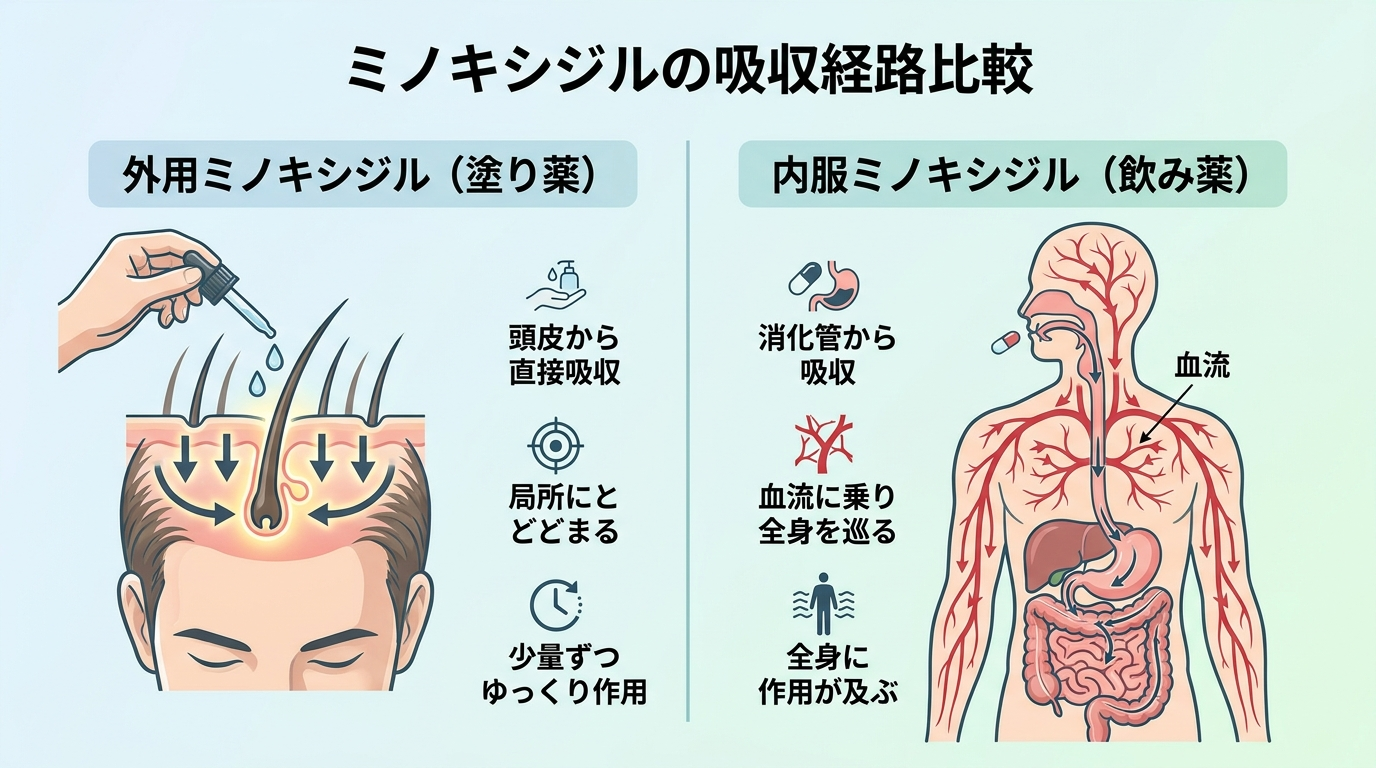 タイトル: ミノキシジルの吸収経路比較。イラスト: 外用ミノキシジル(頭皮から少量ずつ吸収され局所にとどまる経路)と内服ミノキシジル(消化管から吸収され血流に乗り全身を巡る経路)を矢印で図示。