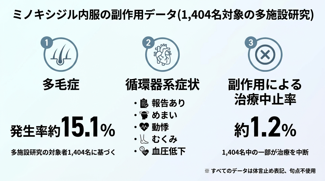 タイトル: ミノキシジル内服の副作用データ(1,404名対象の多施設研究)。3項目の比較: 多毛症 - 発生率約15.1%、循環器系症状(めまい・動悸・むくみ・血圧低下) - 報告あり、副作用による治療中止率 - 約1.2%。