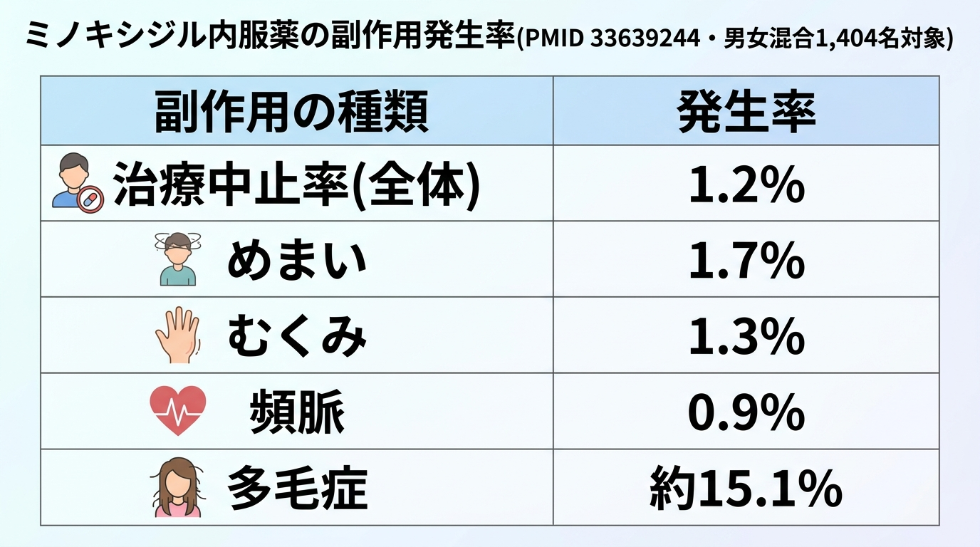 タイトル: ミノキシジル内服薬の副作用発生率(PMID 33639244・男女混合1,404名対象)。2列の表: 副作用の種類 | 発生率。行1: 治療中止率(全体) | 1.2%。行2: めまい | 1.7%。行3: むくみ | 1.3%。行4: 頻脈 | 0.9%。行5: 多毛症 | 約15.1%。