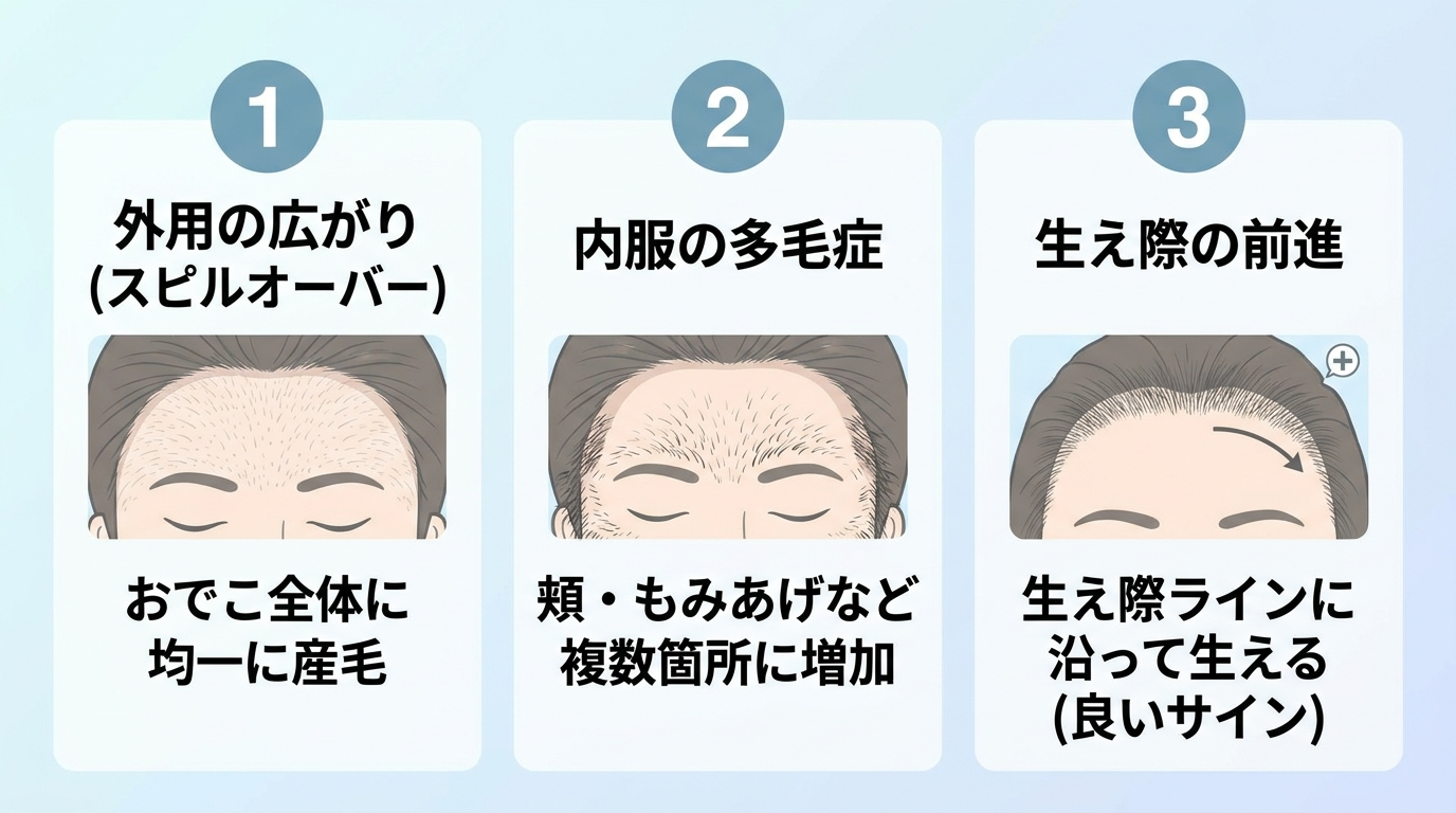 おでこの産毛3パターン比較イラスト。3つのアイコンを横並びで表示。アイコン1見出し『外用の広がり(スピルオーバー)』説明『おでこ全体に均一に産毛』。アイコン2見出し『内服の多毛症』説明『頬・もみあげなど複数箇所に増加』。アイコン3見出し『生え際の前進』説明『生え際ラインに沿って生える(良いサイン)』。