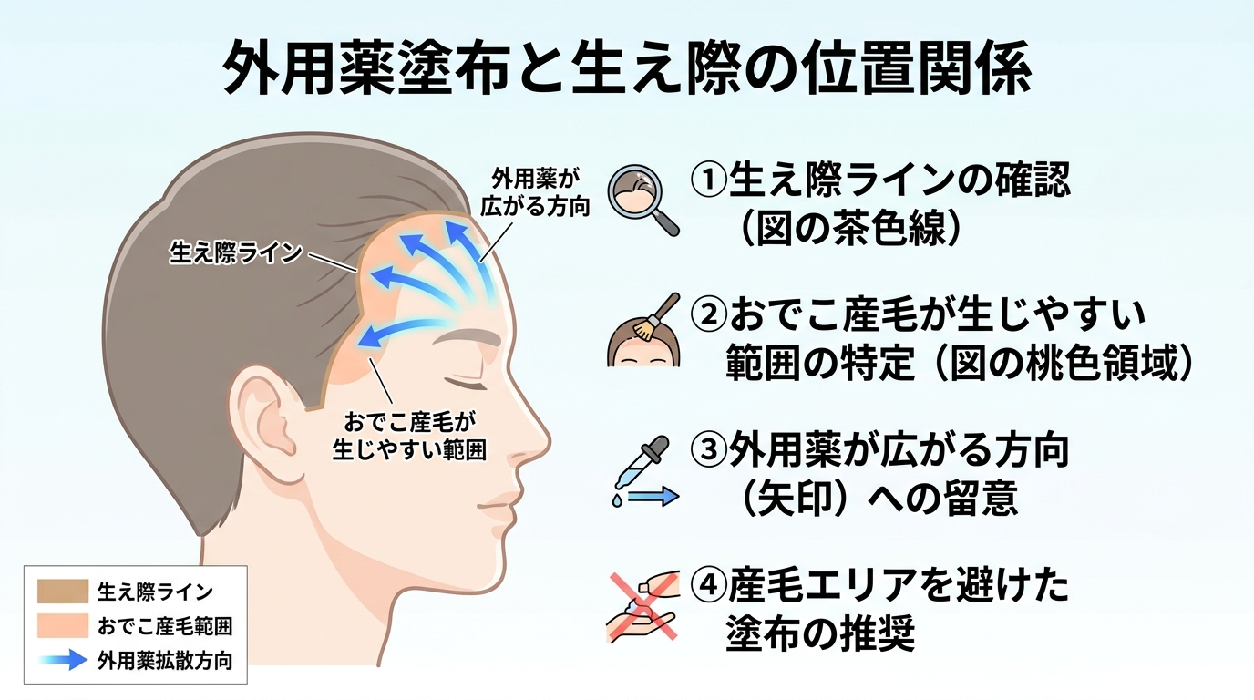 生え際とおでこの位置関係を示す顔の側面図イラスト。生え際ラインと、その外側にある『おでこ産毛が生じやすい範囲』を色分けし、外用薬が広がる方向を矢印で表示。