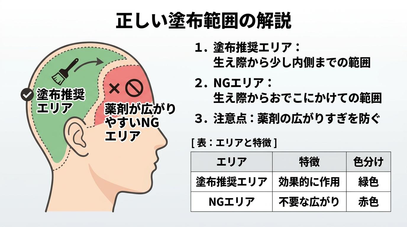 正しい塗布範囲の解説図。頭部イラストで、生え際から少し内側までを『塗布推奨エリア』として表示し、生え際からおでこにかけてを『薬剤が広がりやすいNGエリア』として表示。
