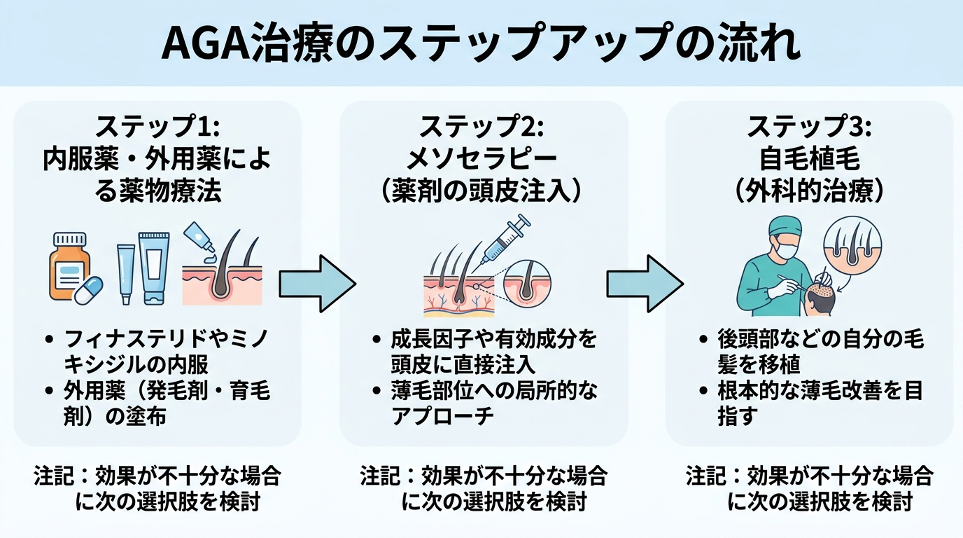 タイトル: AGA治療のステップアップの流れ。3ステップの矢印フロー図: ステップ1:内服薬・外用薬による薬物療法→ステップ2:メソセラピー(薬剤の頭皮注入)→ステップ3:自毛植毛(外科的治療)。各ステップに「効果が不十分な場合に次の選択肢を検討」の注記