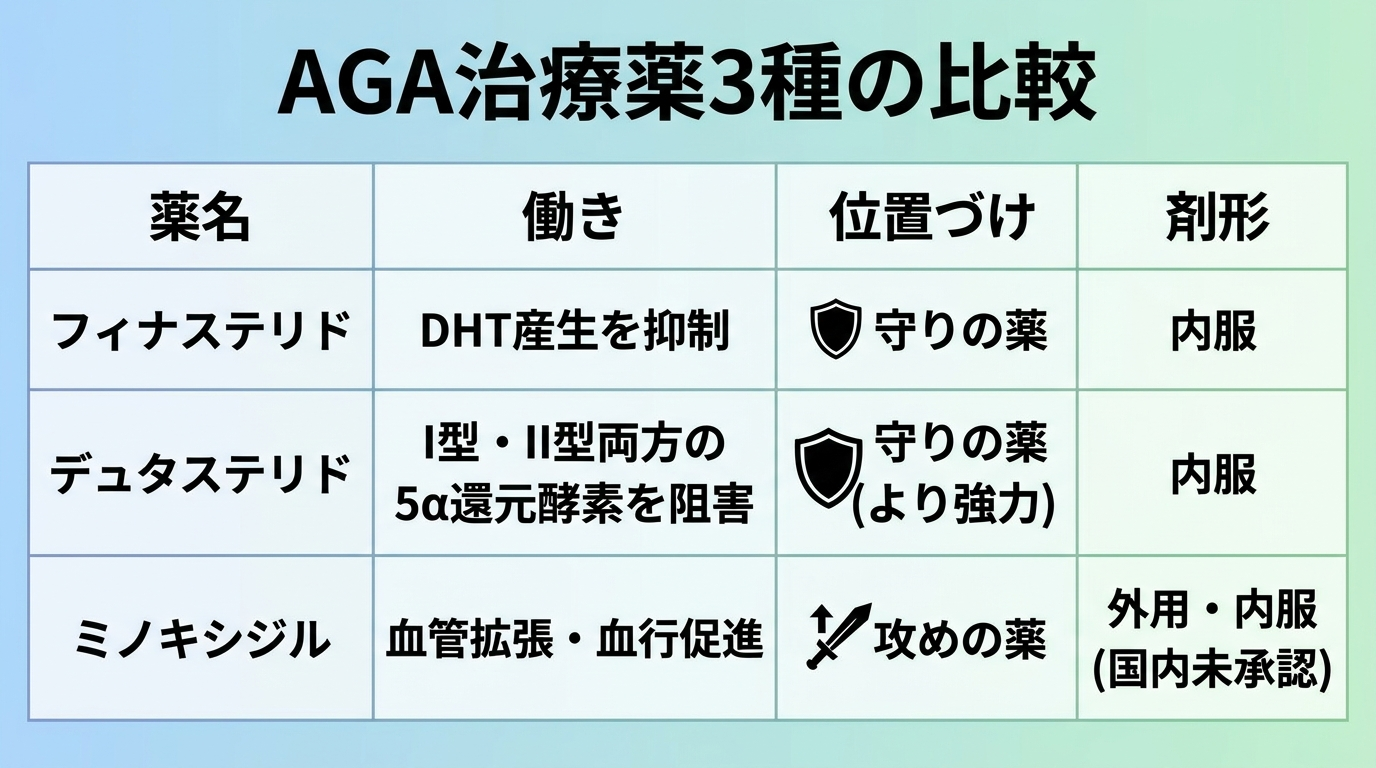 タイトル: AGA治療薬3種の比較。4列の表: ヘッダー行: 薬名|働き|位置づけ|剤形。行1: フィナステリド|DHT産生を抑制|守りの薬|内服。行2: デュタステリド|I型・II型両方の5α還元酵素を阻害|守りの薬(より強力)|内服。行3: ミノキシジル|血管拡張・血行促進|攻めの薬|外用・内服(国内未承認)