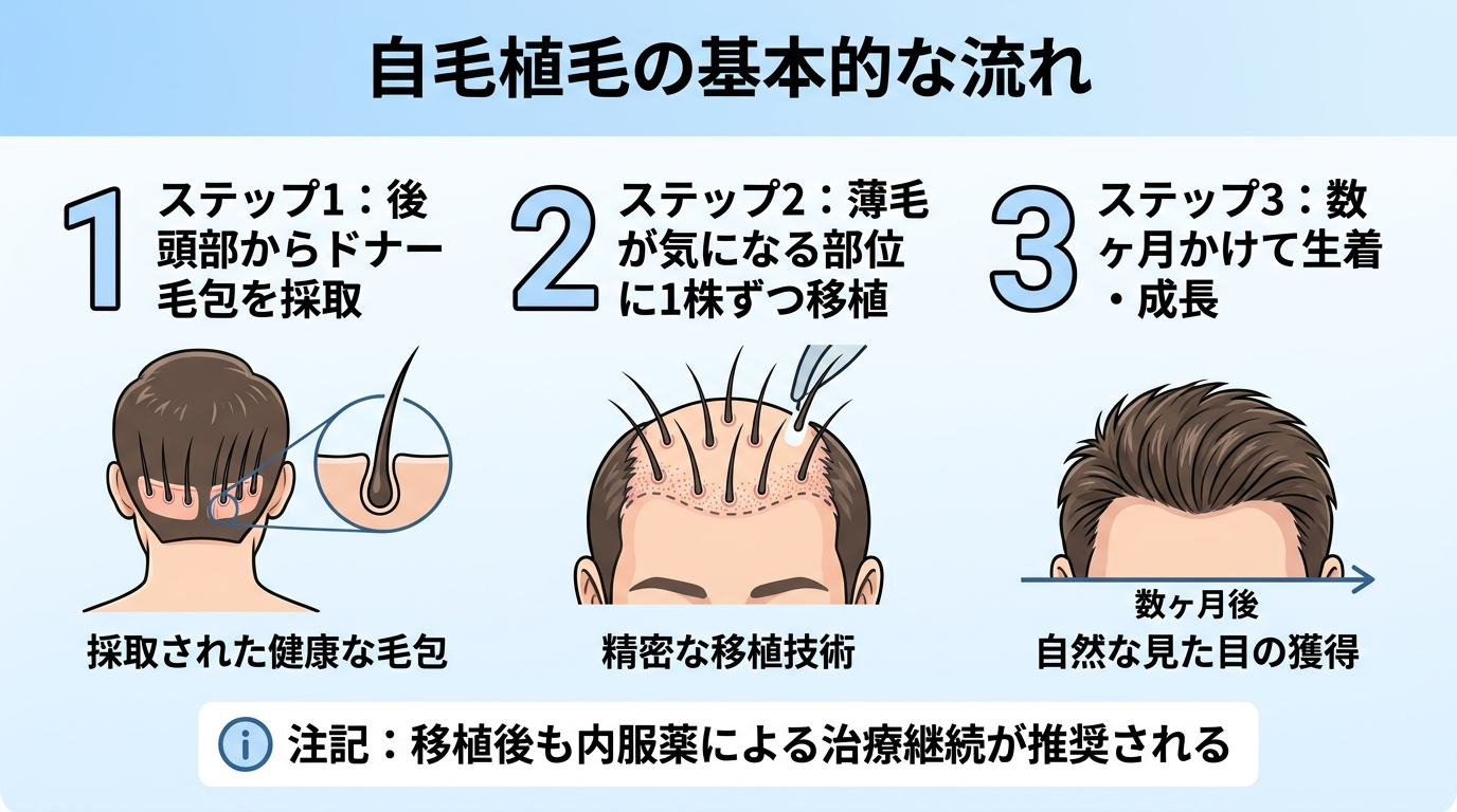 タイトル: 自毛植毛の基本的な流れ。3ステップ図: ステップ1:後頭部からドナー毛包を採取→ステップ2:薄毛が気になる部位に1株ずつ移植→ステップ3:数ヶ月かけて生着・成長。注記:移植後も内服薬による治療継続が推奨される