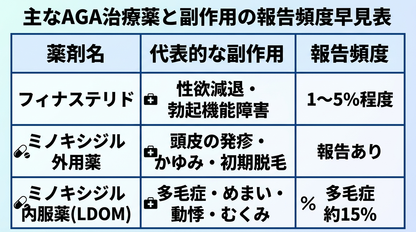 タイトル: 主なAGA治療薬と副作用の報告頻度早見表。3列表: 薬剤名|代表的な副作用|報告頻度。行1:フィナステリド|性欲減退・勃起機能障害|1〜5%程度。行2:ミノキシジル外用薬|頭皮の発疹・かゆみ・初期脱毛|報告あり。行3:ミノキシジル内服薬(LDOM)|多毛症・めまい・動悸・むくみ|多毛症約15%