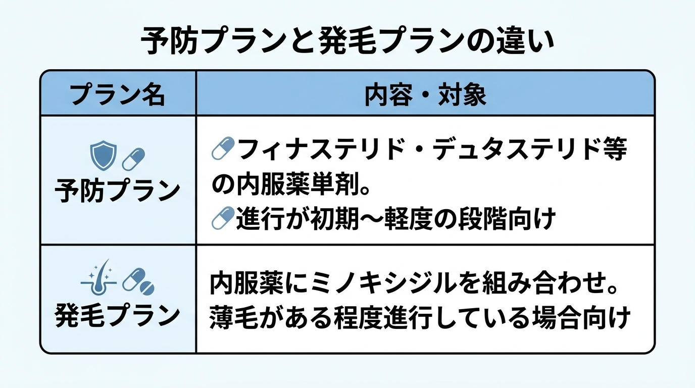予防プランと発毛プランの違いを示す比較表。2列表 ヘッダー: プラン名|内容・対象。行1: 予防プラン|フィナステリド・デュタステリド等の内服薬単剤。進行が初期〜軽度の段階向け。行2: 発毛プラン|内服薬にミノキシジルを組み合わせ。薄毛がある程度進行している場合向け。