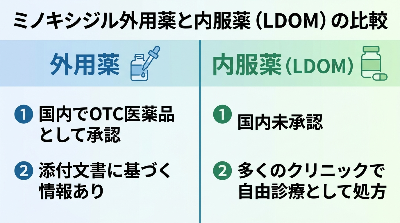 ミノキシジル外用薬(国内承認)とミノキシジル内服薬LDOM(国内未承認)の違いを示す比較図。2カラム対比: 左カラム見出し「外用薬」内容:国内でOTC医薬品として承認、添付文書に基づく情報あり。右カラム見出し「内服薬(LDOM)」内容:国内未承認、多くのクリニックで自由診療として処方。