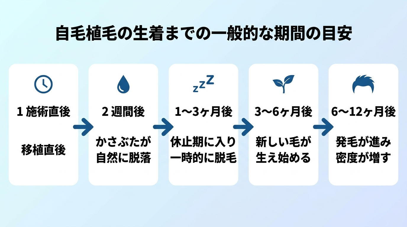 タイトル: 自毛植毛の生着までの一般的な期間の目安。5ステップのタイムライン図: 施術直後(移植直後) → 2週間後(かさぶたが自然に脱落) → 1〜3ヶ月後(休止期に入り一時的に脱毛) → 3〜6ヶ月後(新しい毛が生え始める) → 6〜12ヶ月後(発毛が進み密度が増す)。矢印で時系列をつなぐ横長レイアウト。
