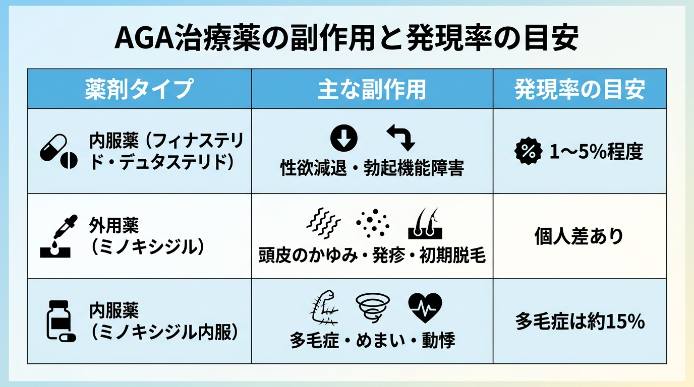 タイトル: AGA治療薬の副作用と発現率の目安。3列の表: ヘッダー行: 薬剤タイプ | 主な副作用 | 発現率の目安。行1: 内服薬(フィナステリド・デュタステリド) | 性欲減退・勃起機能障害 | 1〜5%程度。行2: 外用薬(ミノキシジル) | 頭皮のかゆみ・発疹・初期脱毛 | 個人差あり。行3: 内服薬(ミノキシジル内服) | 多毛症・めまい・動悸 | 多毛症は約15%。