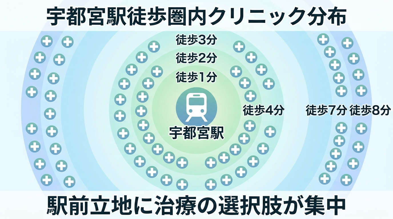 宇都宮駅を中心に据えた徒歩圏内マップ風イラスト。中心に「宇都宮駅」アイコンを配置し、その周囲に徒歩1分・2分・4分・7分・8分を示す同心円を描く。各同心円上にクリニックを表す汎用の「+」マークのアイコンを均等に配置し、院名や件数のテキストは一切入れない。「駅前立地に治療の選択肢が集まっている」ことが一目でわかるシンプルな地図イラスト。