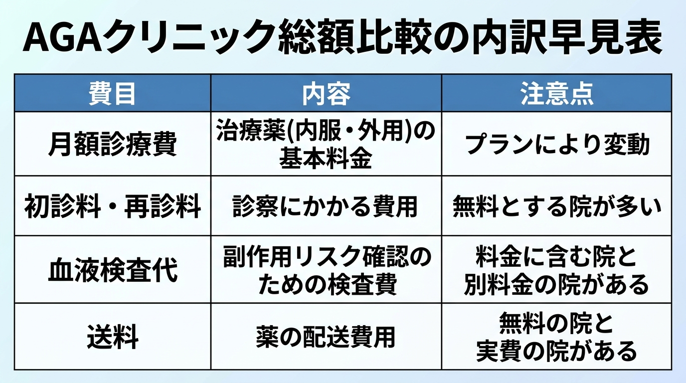 AGAクリニック総額比較の内訳早見表。3列の表: ヘッダー行: 費目 | 内容 | 注意点。行1: 月額診療費 | 治療薬(内服・外用)の基本料金 | プランにより変動。行2: 初診料・再診料 | 診察にかかる費用 | 無料とする院が多い。行3: 血液検査代 | 副作用リスク確認のための検査費 | 料金に含む院と別料金の院がある。行4: 送料 | 薬の配送費用 | 無料の院と実費の院がある。