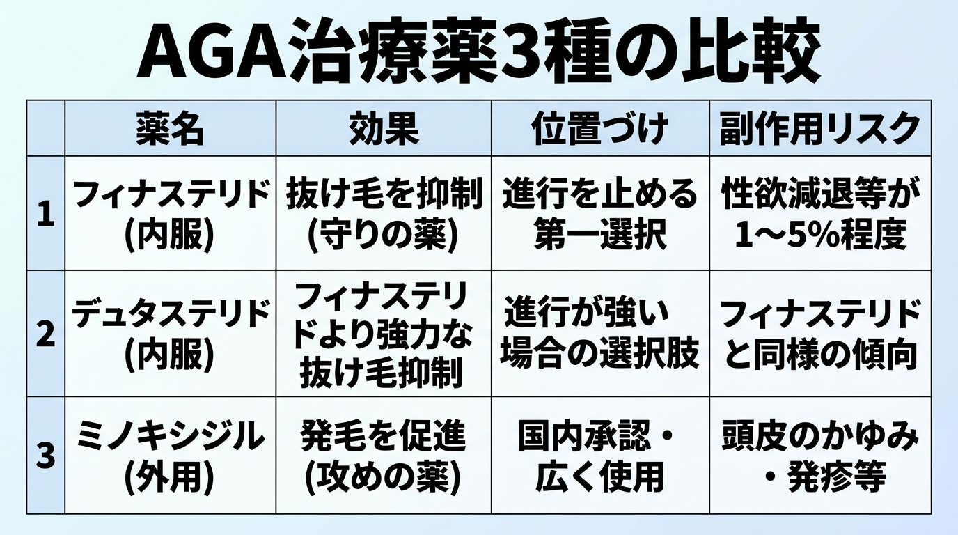 AGA治療薬3種の比較。4列の表: ヘッダー行: 薬名 | 効果 | 位置づけ | 副作用リスク。行1: フィナステリド(内服) | 抜け毛を抑制(守りの薬) | 進行を止める第一選択 | 性欲減退等が1〜5%程度。行2: デュタステリド(内服) | フィナステリドより強力な抜け毛抑制 | 進行が強い場合の選択肢 | フィナステリドと同様の傾向。行3: ミノキシジル(外用) | 発毛を促進(攻めの薬) | 国内承認・広く使用 | 頭皮のかゆみ・発疹等。