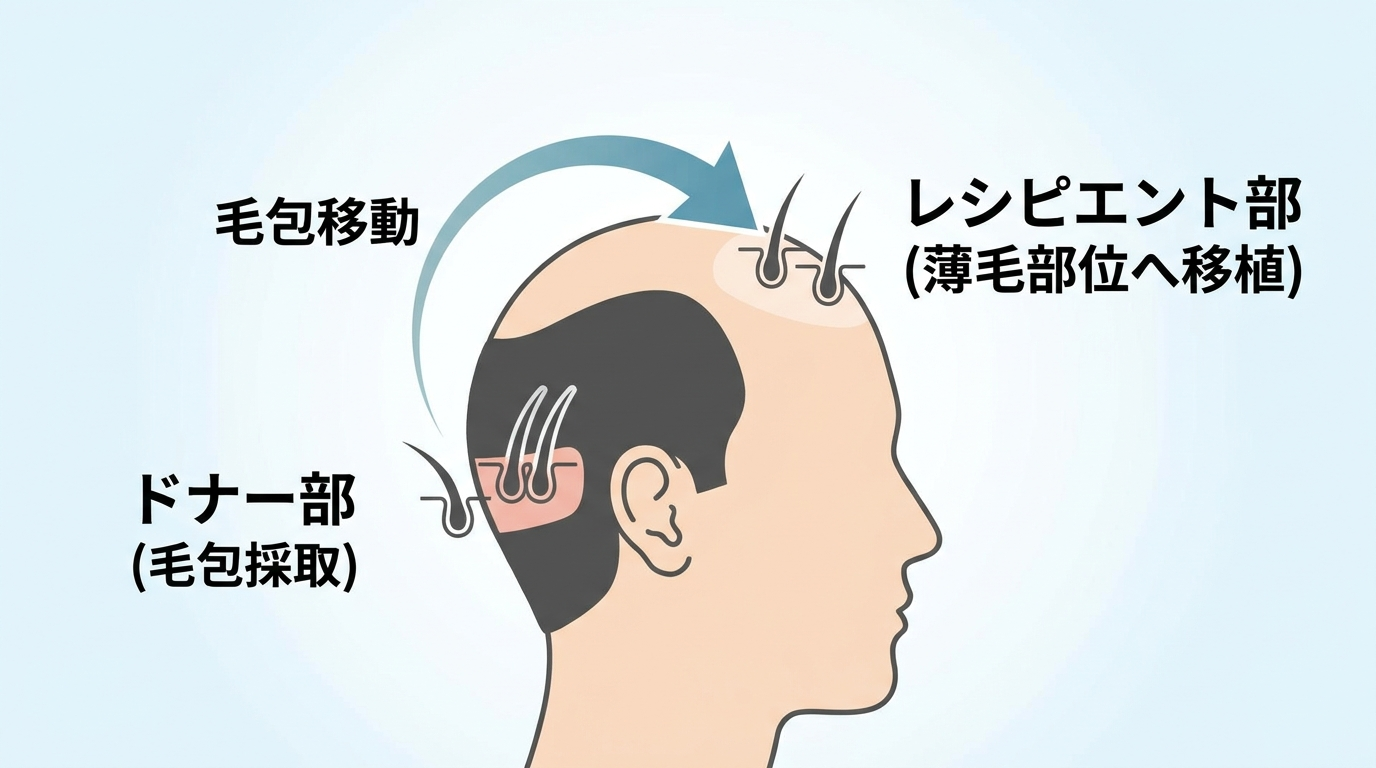 自毛植毛の仕組みを示す解説イラスト。頭部の側面図で、後頭部(薄毛の影響を受けにくい部位)から毛包を採取する矢印と、前頭部・頭頂部の薄毛部位へ移植する矢印を描く。採取部位に「ドナー部」、移植部位に「レシピエント部」とラベルを添えるシンプルな図解。