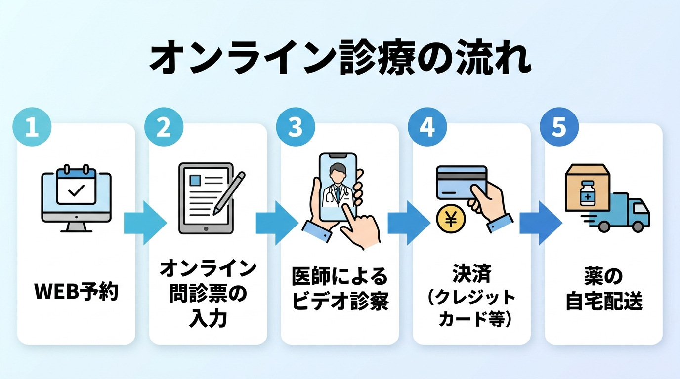 タイトル: オンライン診療の流れ。5ステップのフロー図: ステップ1 WEB予約、ステップ2 オンライン問診票の入力、ステップ3 医師によるビデオ診察、ステップ4 決済(クレジットカード等)、ステップ5 薬の自宅配送。各ステップを矢印でつなぐシンプルな横並びフロー図