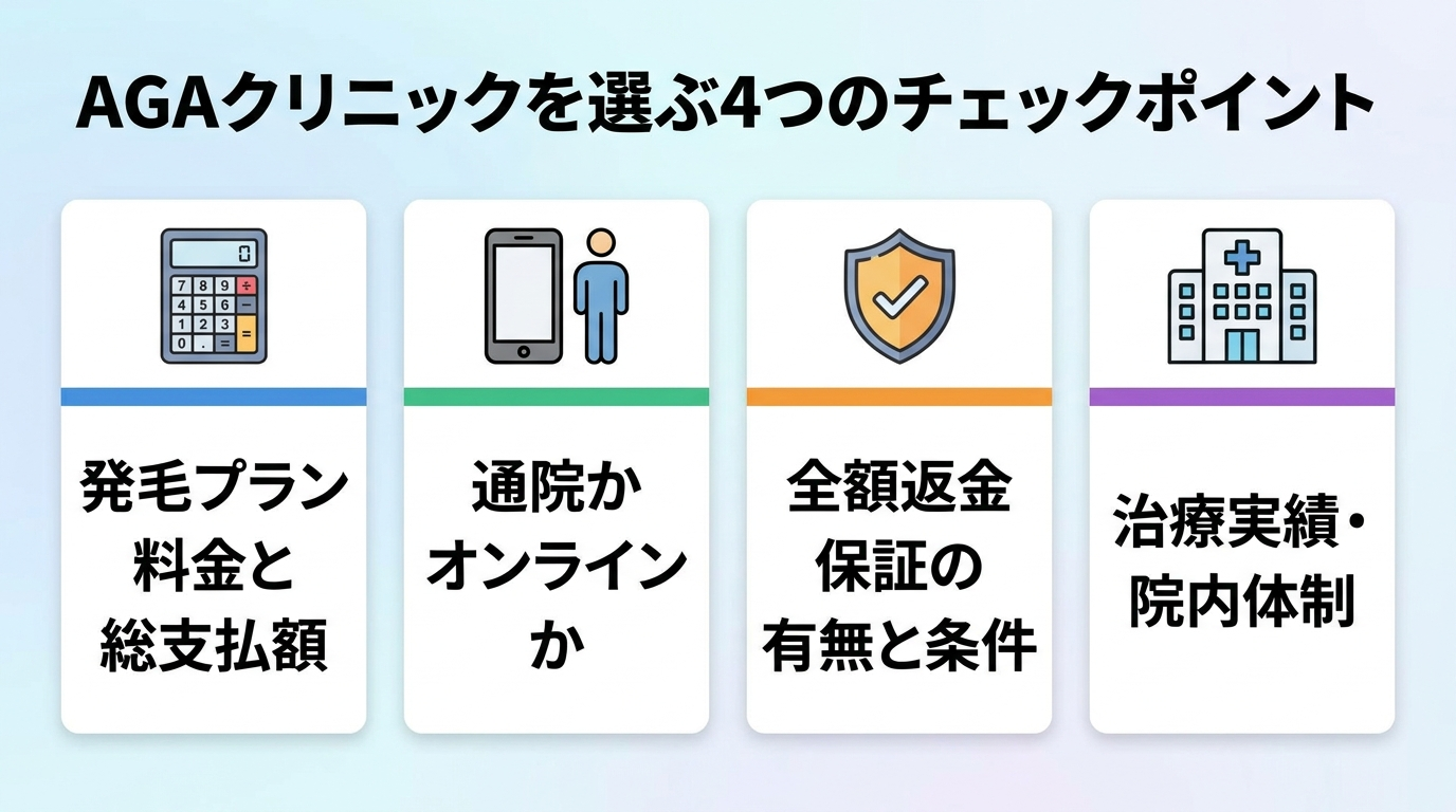 タイトル: AGAクリニックを選ぶ4つのチェックポイント。4つのカードを横または縦に並べる: カード1(電卓アイコン)発毛プラン料金と総支払額、カード2(スマホと人のアイコン)通院かオンラインか、カード3(盾アイコン)全額返金保証の有無と条件、カード4(病院アイコン)治療実績・院内体制。各カードにアイコンと見出しのみを配置したシンプルな4分割インフォグラフィック