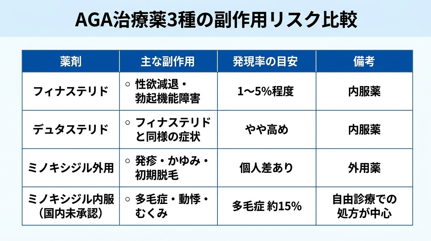 タイトル: AGA治療薬3種の副作用リスク比較。4列の表: ヘッダー行: 薬剤 | 主な副作用 | 発現率の目安 | 備考。行1: フィナステリド | 性欲減退・勃起機能障害 | 1〜5%程度 | 内服薬。行2: デュタステリド | フィナステリドと同様の症状 | やや高め | 内服薬。行3: ミノキシジル外用 | 発疹・かゆみ・初期脱毛 | 個人差あり | 外用薬。行4: ミノキシジル内服(国内未承認) | 多毛症・動悸・むくみ | 多毛症 約15% | 自由診療での処方が中心