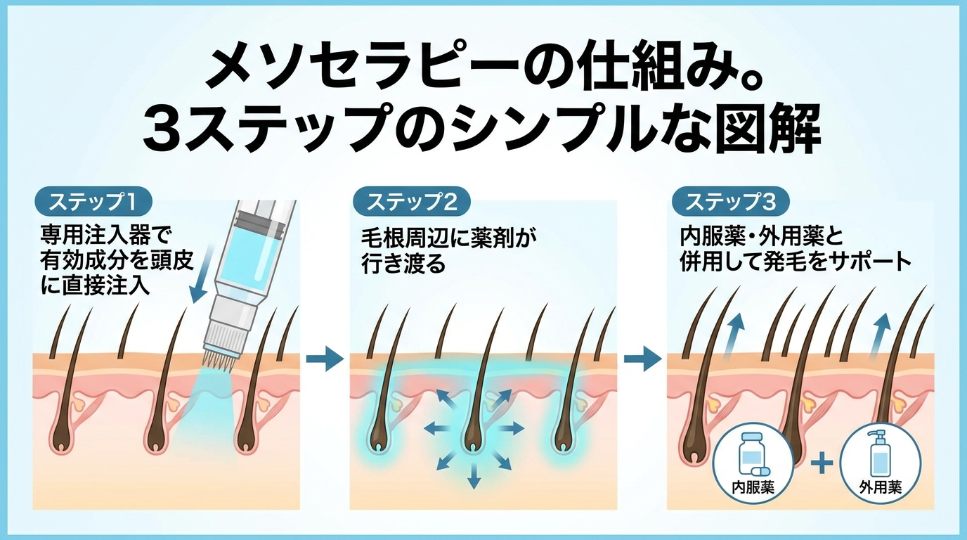 タイトル: メソセラピーの仕組み。3ステップのシンプルな図解: ステップ1(頭皮のイラスト)専用の注入器で有効成分を頭皮に直接注入、ステップ2(成分が広がるイメージ)毛根周辺に薬剤が行き渡る、ステップ3(毛髪が太くなるイメージ)内服薬・外用薬と併用して発毛をサポート。矢印でつなぐ横並び3コマ図解