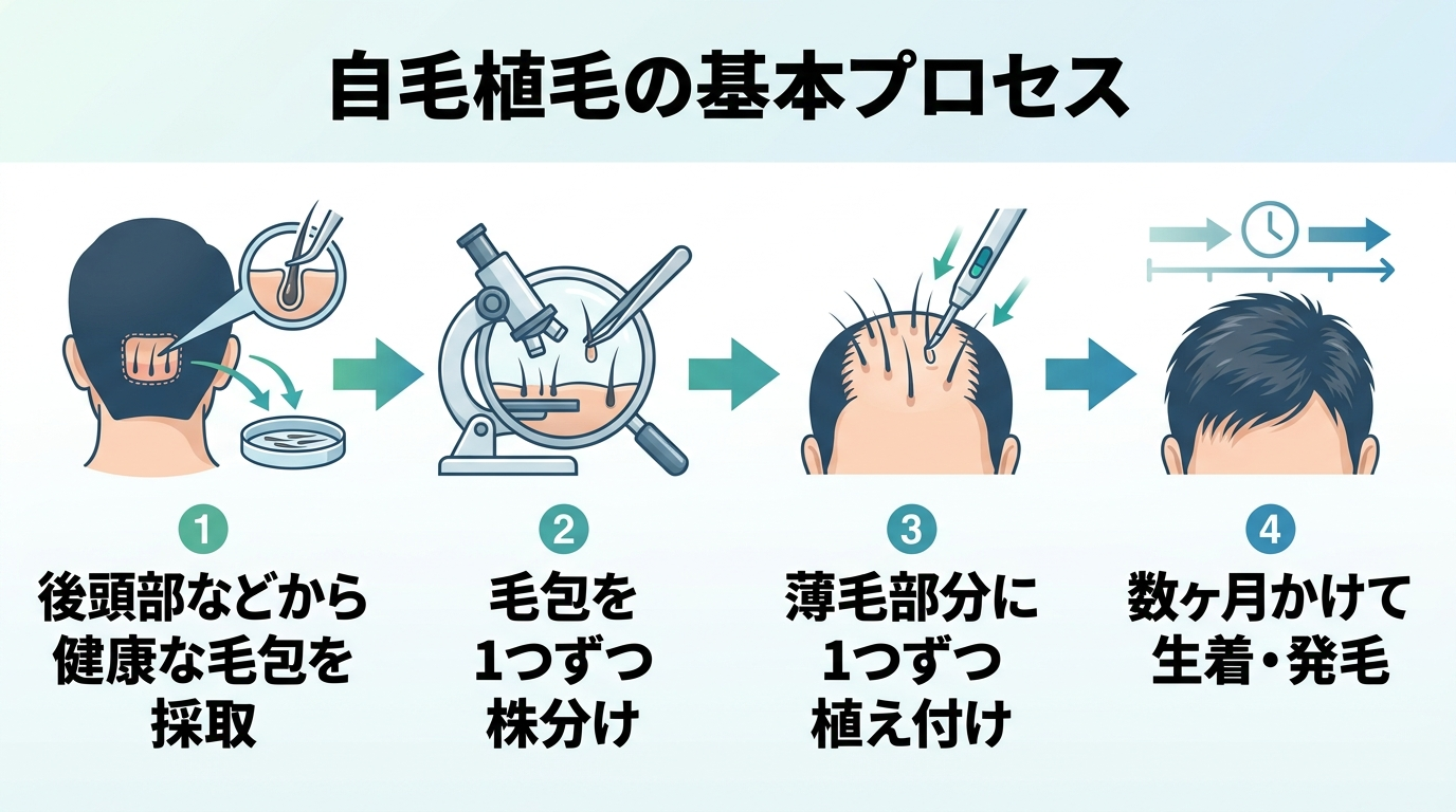 タイトル: 自毛植毛の基本プロセス。4ステップの横並びフロー図: ステップ1 後頭部などから健康な毛包を採取、ステップ2 毛包を1つずつ株分け、ステップ3 薄毛部分に1つずつ植え付け、ステップ4 数ヶ月かけて生着・発毛。各ステップに矢印を添えたシンプルな図解
