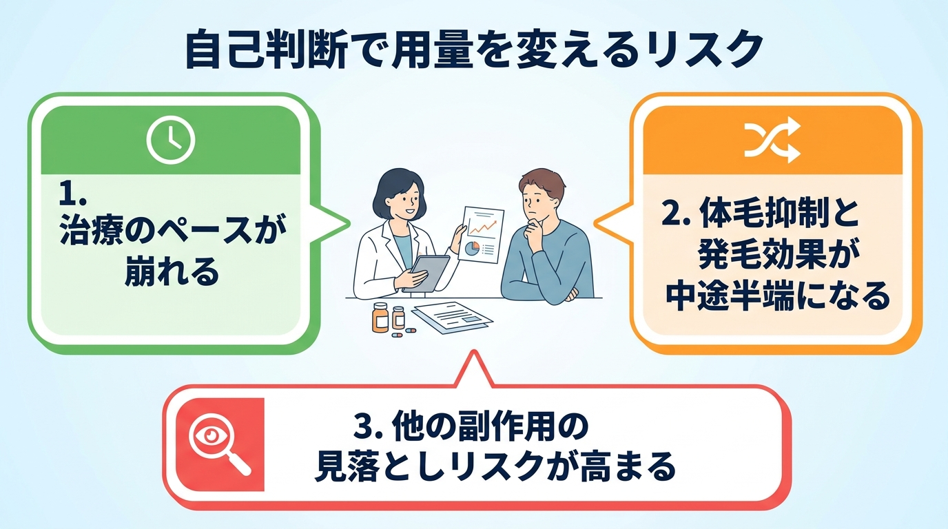 タイトル: 自己判断で用量を変えるリスク。中央に医師と患者が相談するイラスト、周囲に3つの注意点を吹き出しで表示: 1. 治療のペースが崩れる、2. 体毛抑制と発毛効果が中途半端になる、3. 他の副作用の見落としリスクが高まる。
