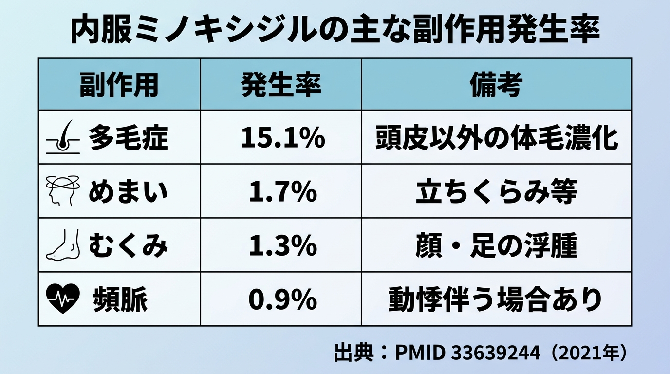 タイトル: 内服ミノキシジルの主な副作用発生率。3列の表: ヘッダー行: 副作用 | 発生率 | 備考。行1: 多毛症 | 15.1% | 頭皮以外の体毛が濃くなる。行2: めまい | 1.7% | 立ちくらみ等。行3: むくみ | 1.3% | 顔・足のむくみ。行4: 頻脈 | 0.9% | 動悸を伴う場合あり。出典: PMID 33639244(2021年)