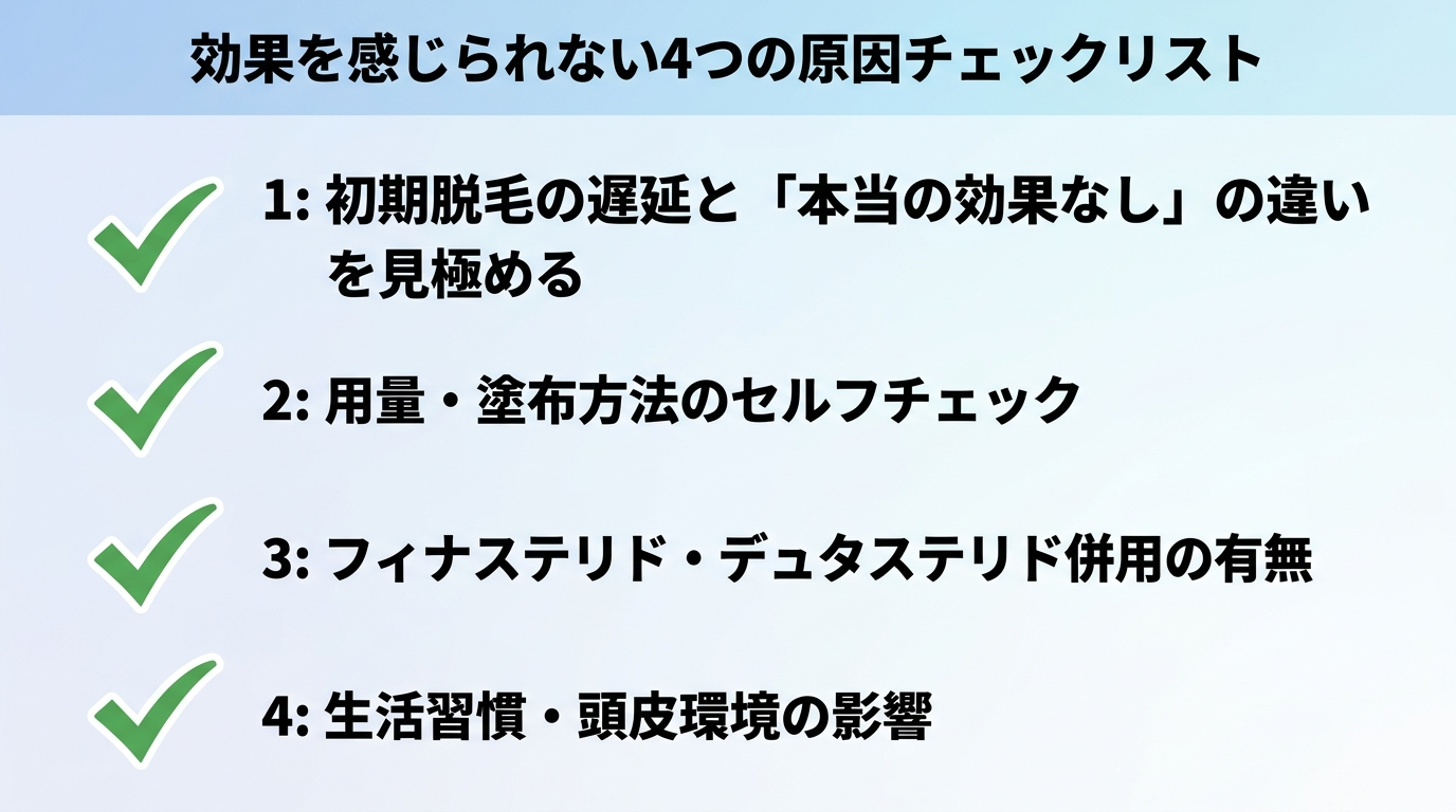 タイトル: 効果を感じられない4つの原因チェックリスト。チェックリスト形式の4項目。1: 初期脱毛の遅延と「本当の効果なし」の違いを見極める。2: 用量・塗布方法のセルフチェック。3: フィナステリド・デュタステリド併用の有無。4: 生活習慣・頭皮環境の影響。各項目にチェックマークアイコンを付与。