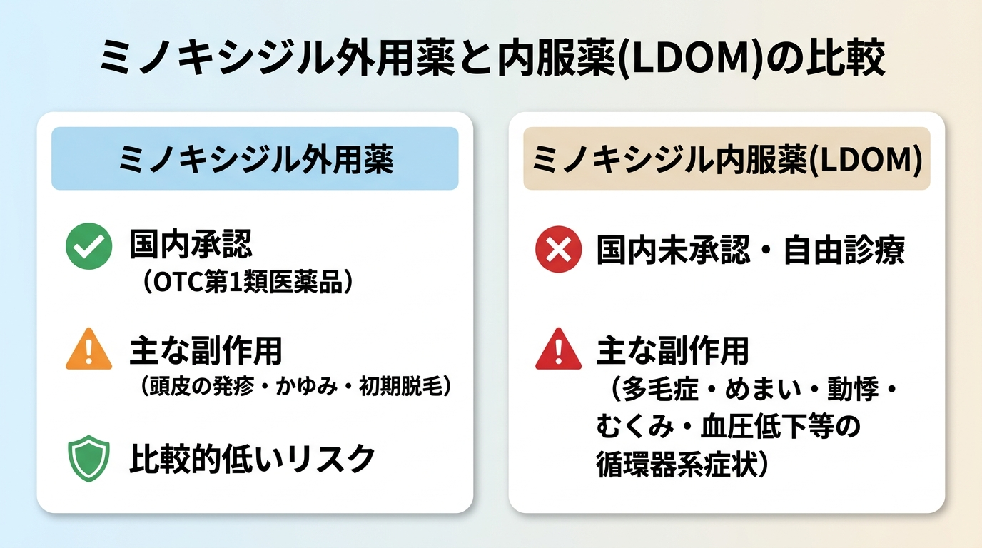 タイトル: ミノキシジル外用薬と内服薬(LDOM)の比較。2列比較カード。カード1見出し: ミノキシジル外用薬、内容: OTC第1類医薬品として国内承認、副作用は頭皮の発疹・かゆみ・初期脱毛が中心、リスクは比較的低い。カード2見出し: ミノキシジル内服薬(LDOM)、内容: 国内未承認・自由診療、副作用は多毛症・めまい・動悸・むくみ・血圧低下等の循環器系症状。