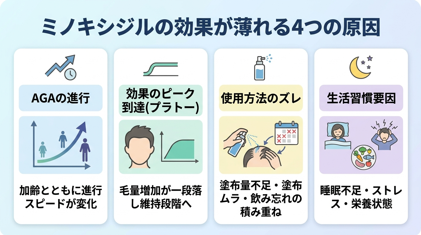 タイトル: ミノキシジルの効果が薄れる4つの原因。4つのカードを横並びで表示。カード1(グラフアイコン)ヘッダー:AGAの進行、説明:加齢とともに進行スピードが変化。カード2(横ばいの折れ線アイコン)ヘッダー:効果のピーク到達(プラトー)、説明:毛量増加が一段落し維持段階へ。カード3(スプレーボトルのアイコン)ヘッダー:使用方法のズレ、説明:塗布量不足・塗布ムラ・飲み忘れの積み重ね。カード4(三日月アイコン)ヘッダー:生活習慣要因、説明:睡眠不足・ストレス・栄養状態。