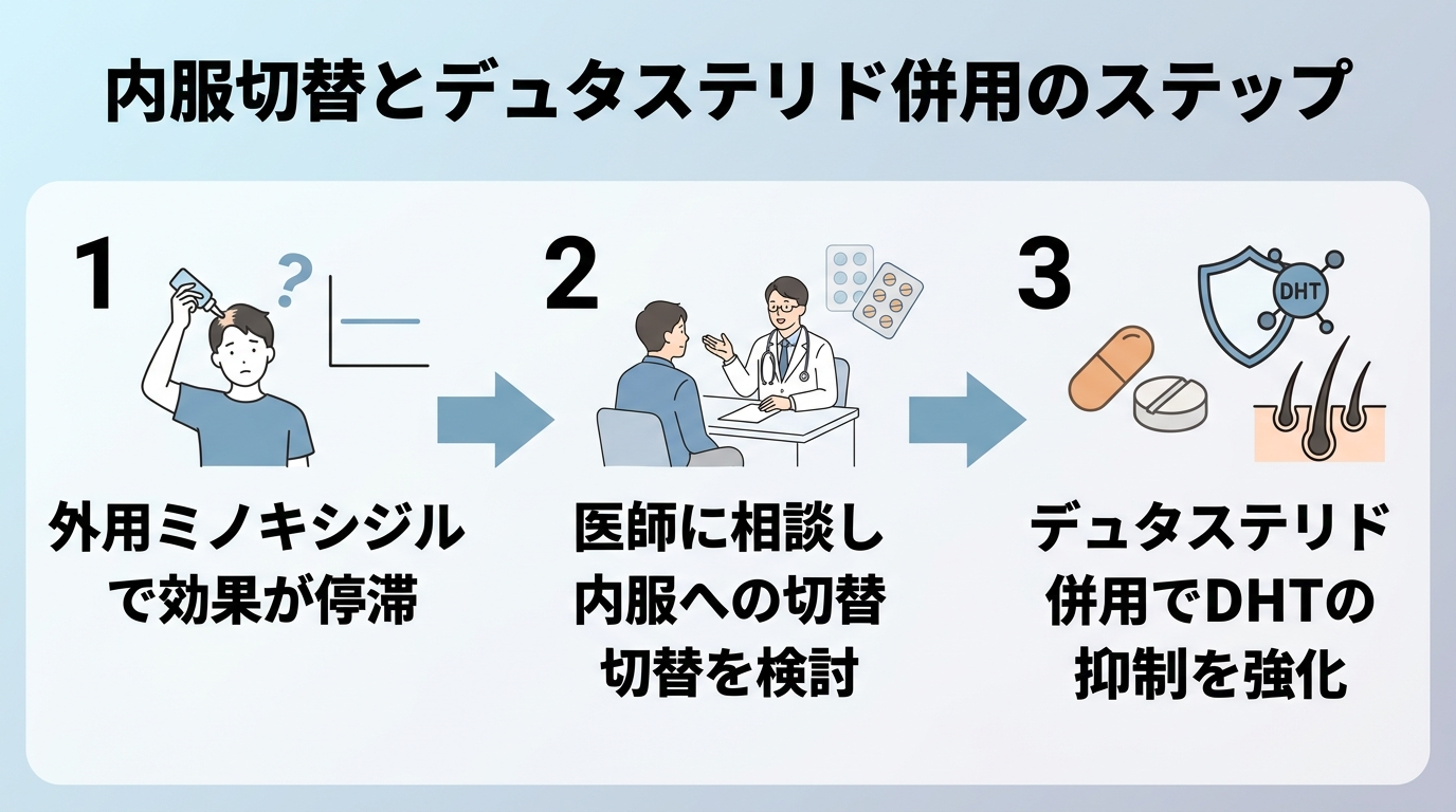タイトル: 内服切替とデュタステリド併用のステップ。フロー図で3ステップを表示。ステップ1「外用ミノキシジルで効果が停滞」→ステップ2「医師に相談し内服への切替を検討」→ステップ3「デュタステリド併用でDHTの抑制を強化」。