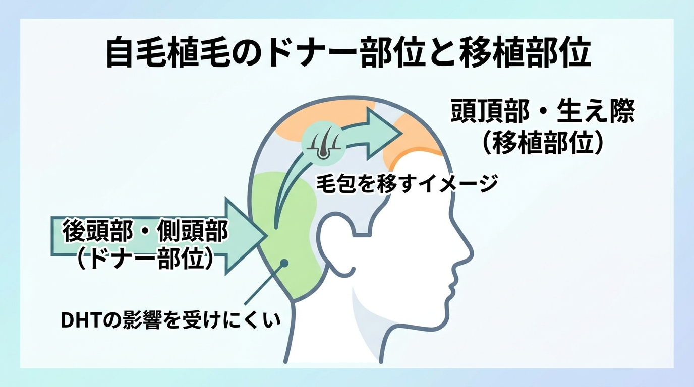 タイトル: 自毛植毛のドナー部位と移植部位。頭部側面のシンプルな図で、後頭部・側頭部(ドナー部位、DHTの影響を受けにくいと矢印付きで表示)から、頭頂部・生え際(移植部位)へ毛包を移すイメージを矢印で示す。