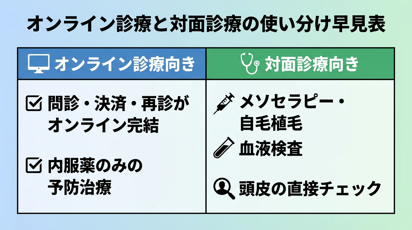 タイトル: オンライン診療と対面診療の使い分け早見表。2列の表。列1見出し: オンライン診療向き。内容: 問診・決済・再診がオンライン完結、内服薬のみの予防治療。列2見出し: 対面診療向き。内容: メソセラピー・自毛植毛、血液検査、頭皮の直接チェック。