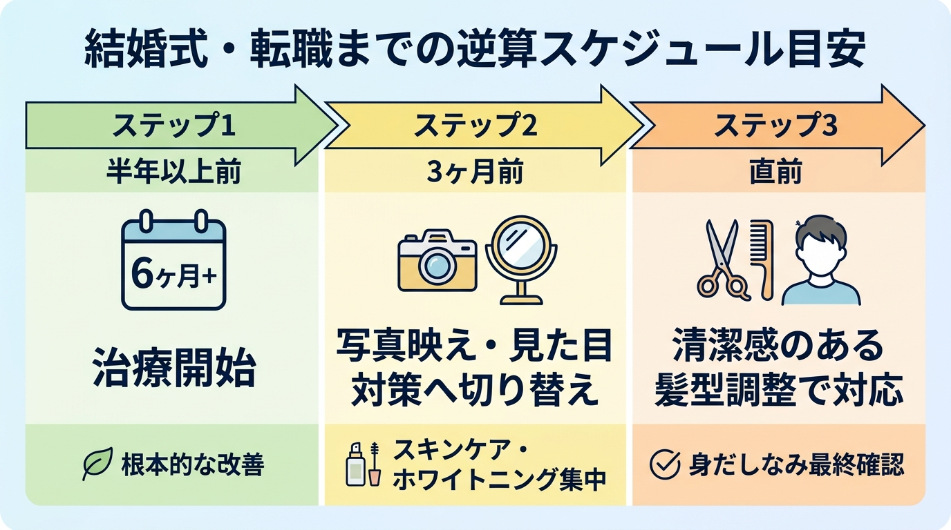 タイトル: 結婚式・転職までの逆算スケジュール目安。タイムライン形式3ステップ。ステップ1: 半年以上前に治療開始。ステップ2: 3ヶ月前は写真映え・見た目対策に切り替え。ステップ3: 直前は清潔感のある髪型調整で対応。