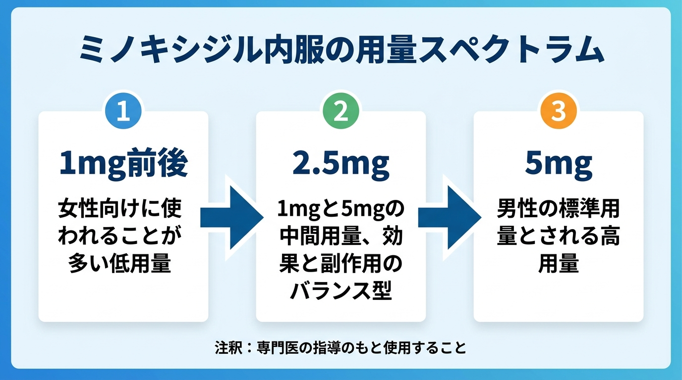 タイトル: ミノキシジル内服の用量スペクトラム。横並び3ステップの図。ステップ1見出し「1mg前後」説明: 女性向けに使われることが多い低用量。ステップ2見出し「2.5mg」説明: 1mgと5mgの中間用量、効果と副作用のバランス型。ステップ3見出し「5mg」説明: 男性の標準用量とされる高用量。矢印で1mg→2.5mg→5mgの順に用量が増加する流れを示す。