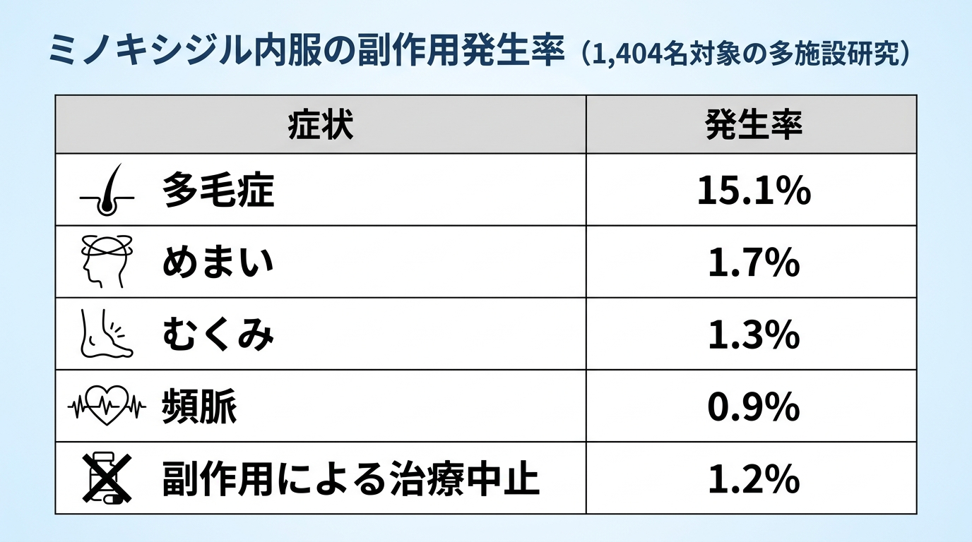 タイトル: ミノキシジル内服の副作用発生率(1,404名対象の多施設研究)。2列の表: 症状 | 発生率。行1: 多毛症 | 15.1%。行2: めまい | 1.7%。行3: むくみ | 1.3%。行4: 頻脈 | 0.9%。行5: 副作用による治療中止 | 1.2%。