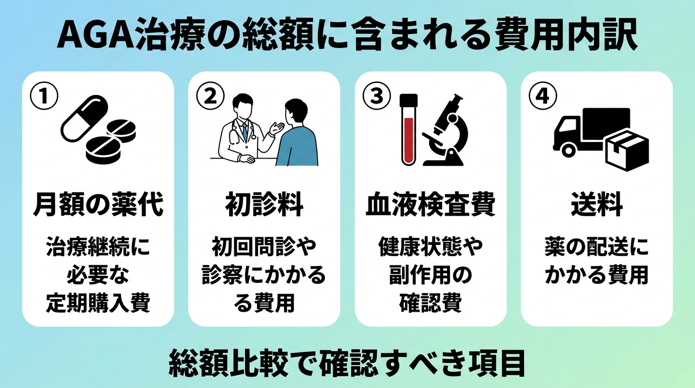 タイトル: AGA治療の総額に含まれる費用内訳。4項目のカード表示: 月額の薬代、初診料、血液検査費、送料。それぞれのアイコンと『総額比較で確認すべき項目』という注記付き。