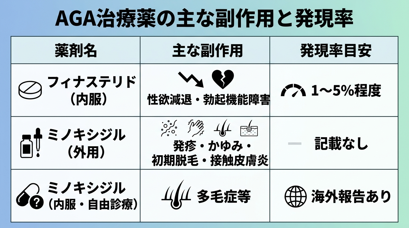 タイトル: AGA治療薬の主な副作用と発現率。表形式3列: 薬剤名 | 主な副作用 | 発現率目安。行1: フィナステリド(内服) | 性欲減退・勃起機能障害 | 1〜5%程度。行2: ミノキシジル(外用) | 発疹・かゆみ・初期脱毛・接触皮膚炎 | 記載なし。行3: ミノキシジル(内服・自由診療) | 多毛症等 | 海外報告あり。