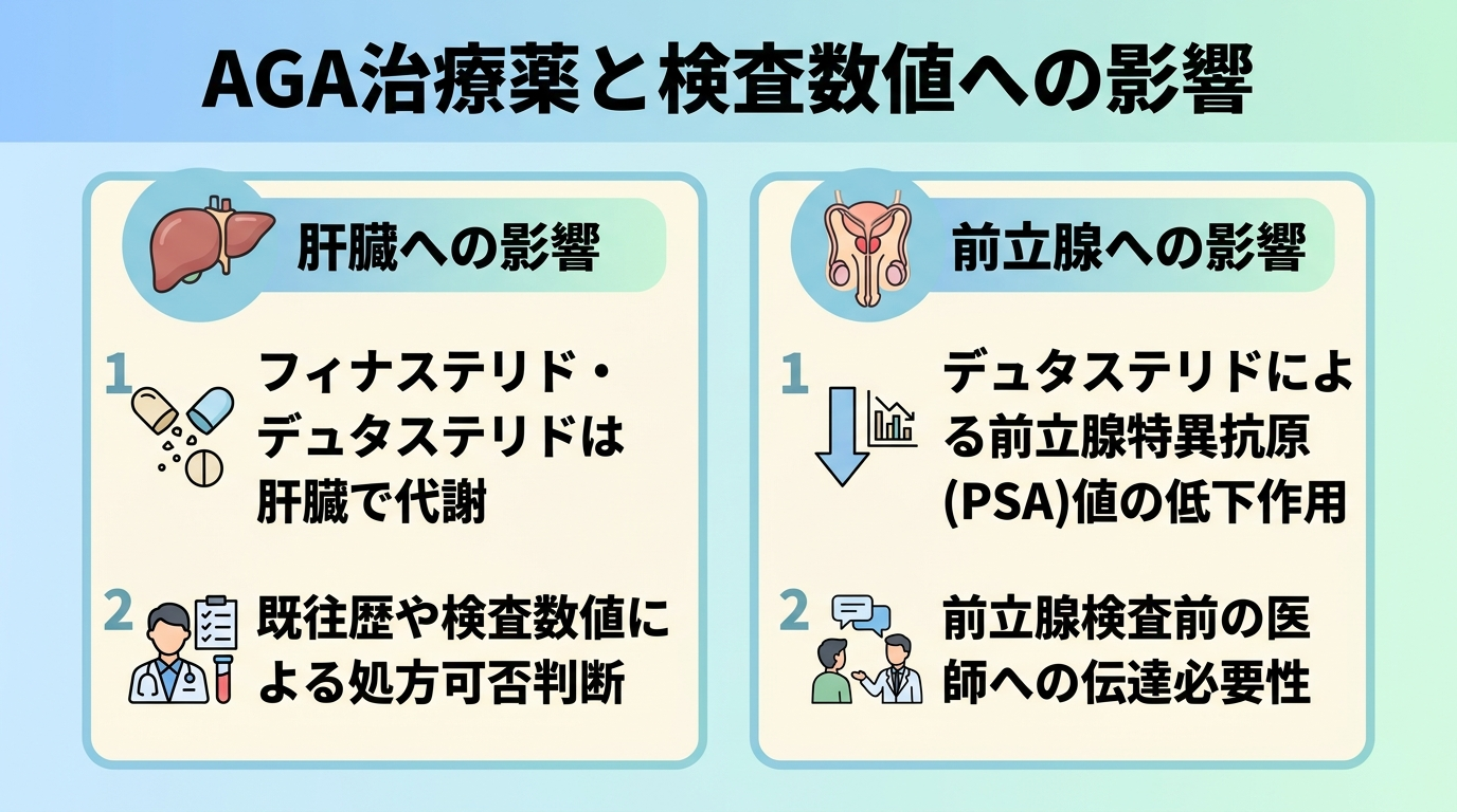 タイトル: AGA治療薬と検査数値への影響。2つのカード: カード1(肝臓のイラスト)フィナステリド・デュタステリドは肝臓で代謝されるため既往歴や検査数値により処方の可否が判断される。カード2(前立腺のイラスト)デュタステリドは前立腺特異抗原(PSA)値を下げる作用があるため前立腺検査前は医師に伝える必要がある。